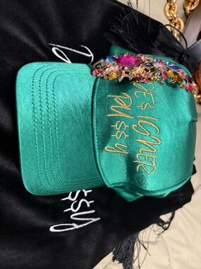 Emerald Satin Embellished Cap with Jeweled Brooch